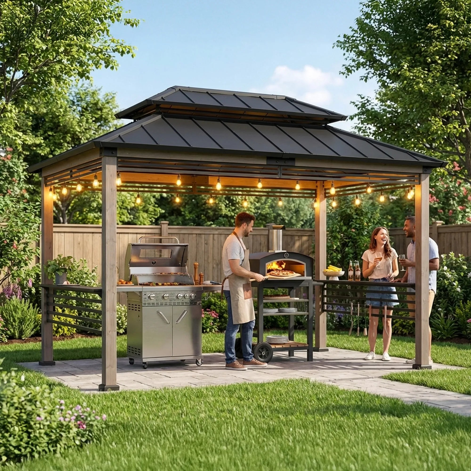 SUNJOY 8x12 Black Hardtop Grill Gazebo with Electrical Outlets, Fence and Shelves