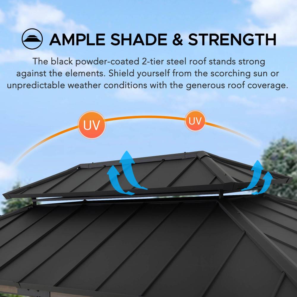 SUNJOY 8x12 Black Hardtop Grill Gazebo with Electrical Outlets, Fence and Shelves