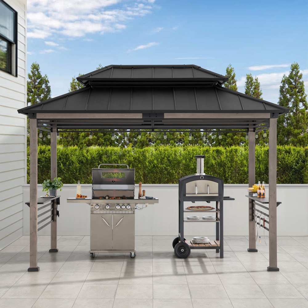 SUNJOY 8x12 Black Hardtop Grill Gazebo with Electrical Outlets, Fence and Shelves