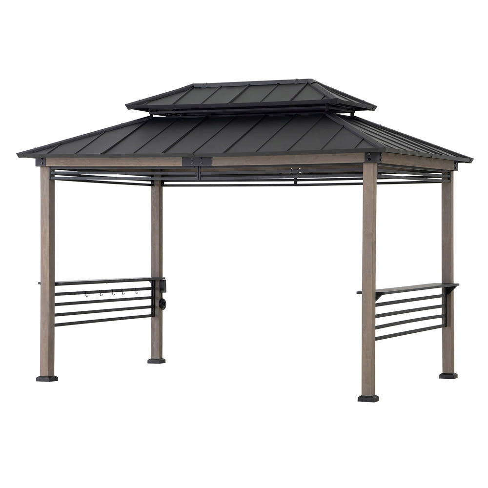 SUNJOY 8x12 Black Hardtop Grill Gazebo with Electrical Outlets, Fence and Shelves