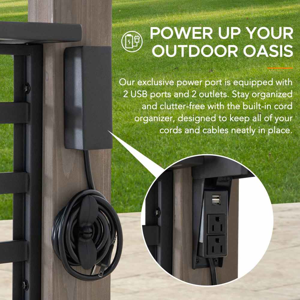 SUNJOY 8x12 Black Hardtop Grill Gazebo with Electrical Outlets, Fence and Shelves