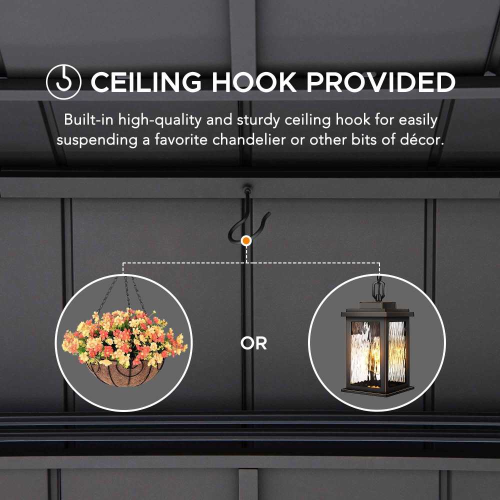 SUNJOY 8x12 Black Hardtop Grill Gazebo with Electrical Outlets, Fence and Shelves