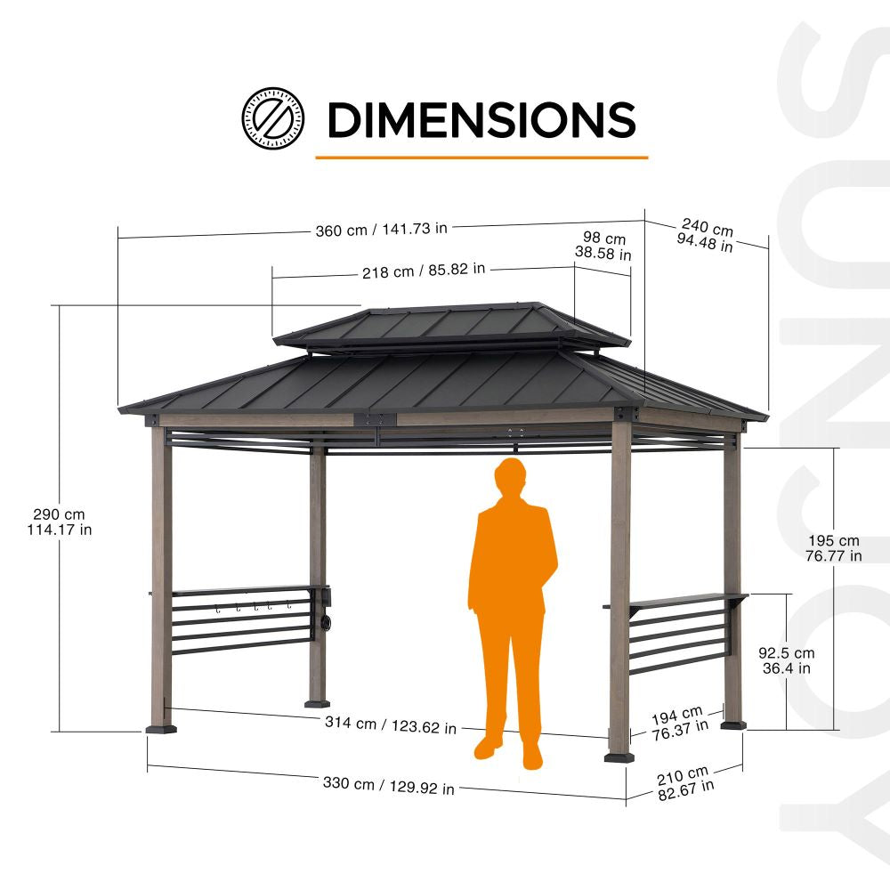 SUNJOY 8x12 Black Hardtop Grill Gazebo with Electrical Outlets, Fence and Shelves