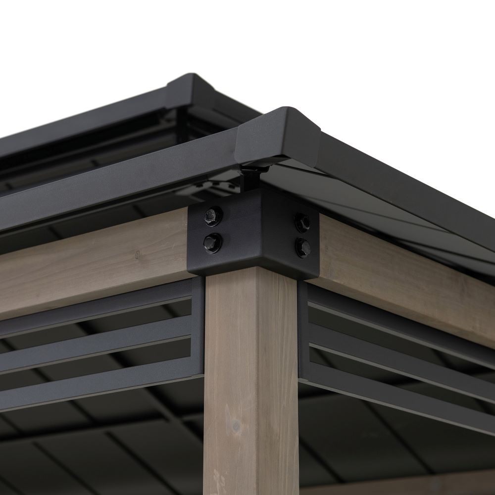 SUNJOY 8x12 Black Hardtop Grill Gazebo with Electrical Outlets, Fence and Shelves