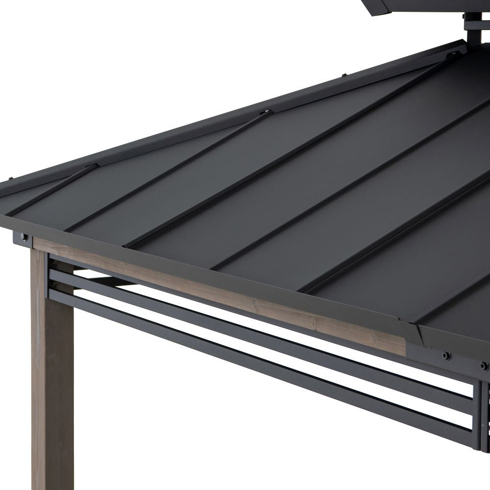 SUNJOY 8x12 Black Hardtop Grill Gazebo with Electrical Outlets, Fence and Shelves