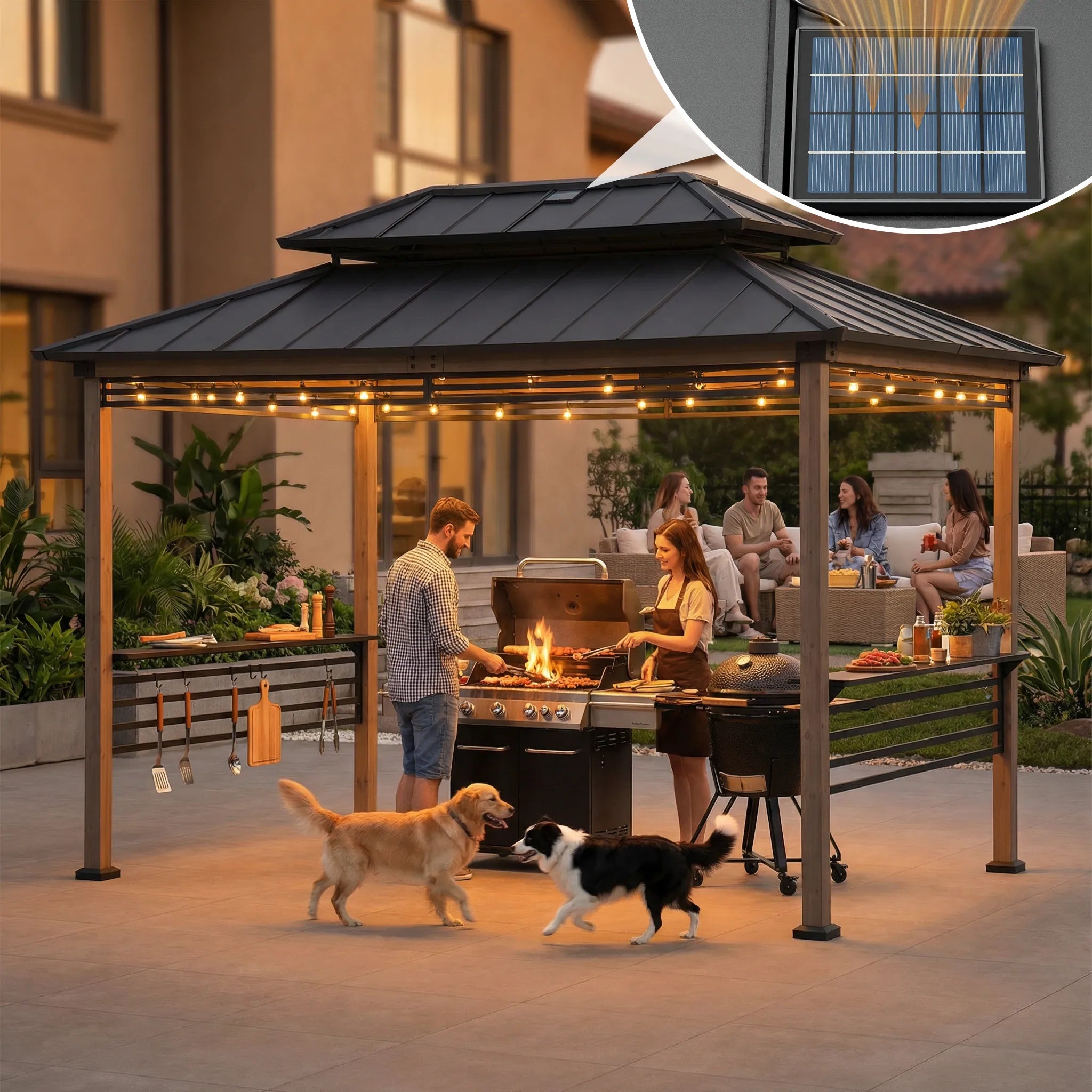 SUNJOY 8x12 Brown Wood Grill Gazebo with Solar Power, Fence and Shelves