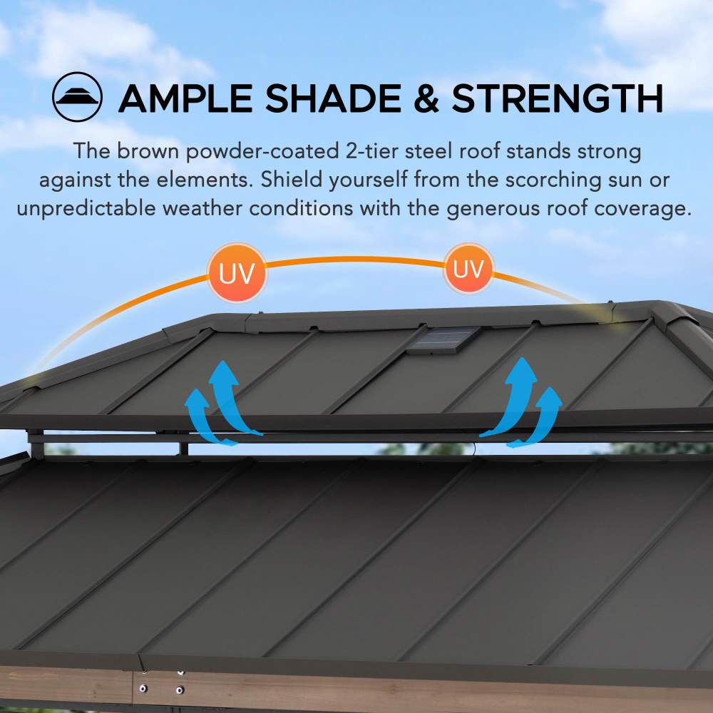 SUNJOY 8x12 Brown Wood Grill Gazebo with Solar Power, Fence and Shelves