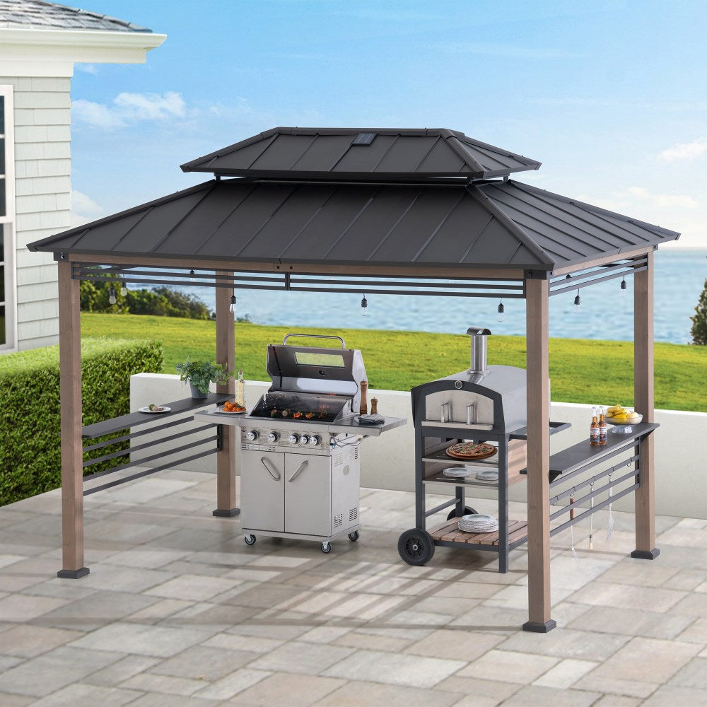 SUNJOY 8x12 Brown Wood Grill Gazebo with Solar Power, Fence and Shelves
