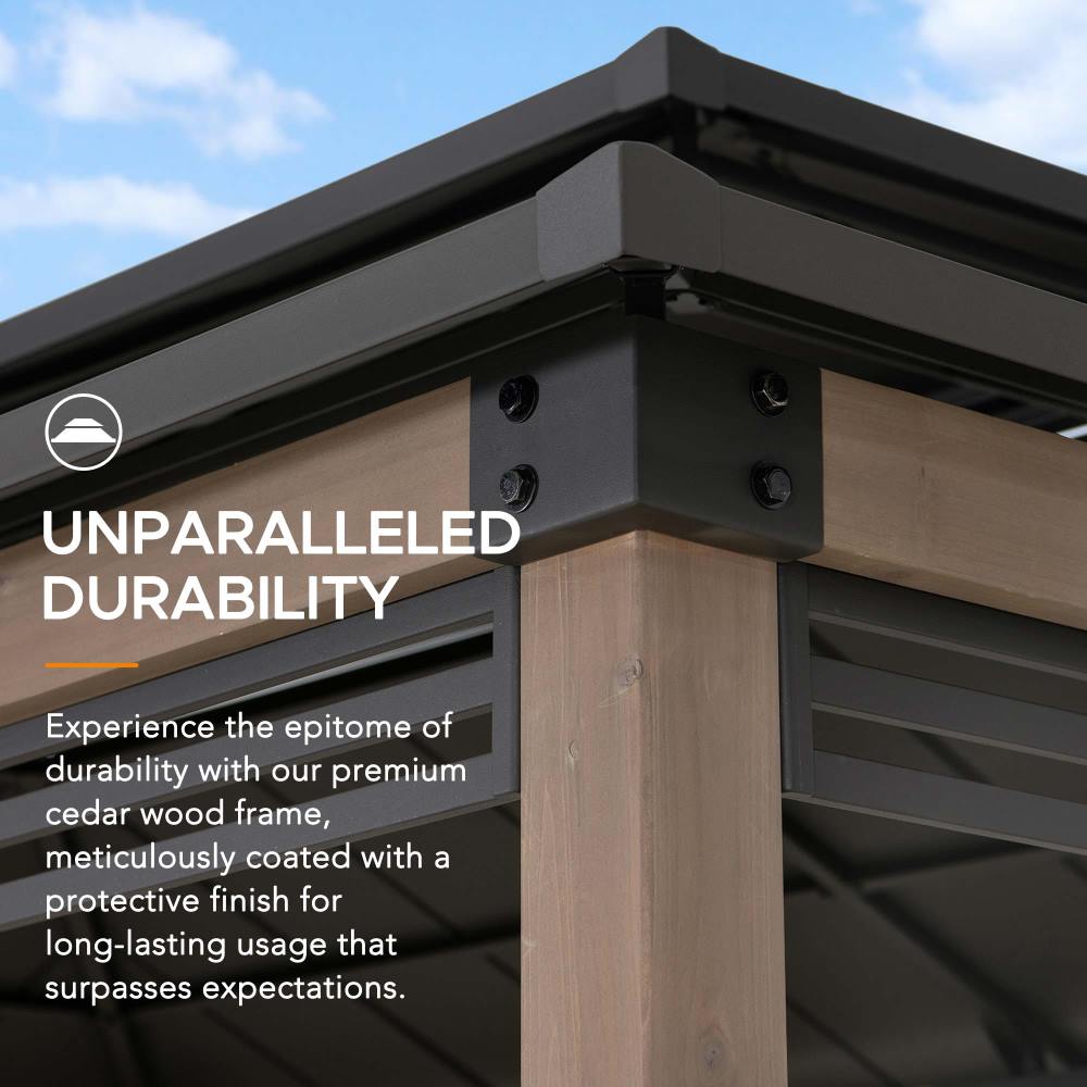 SUNJOY 8x12 Brown Wood Grill Gazebo with Solar Power, Fence and Shelves