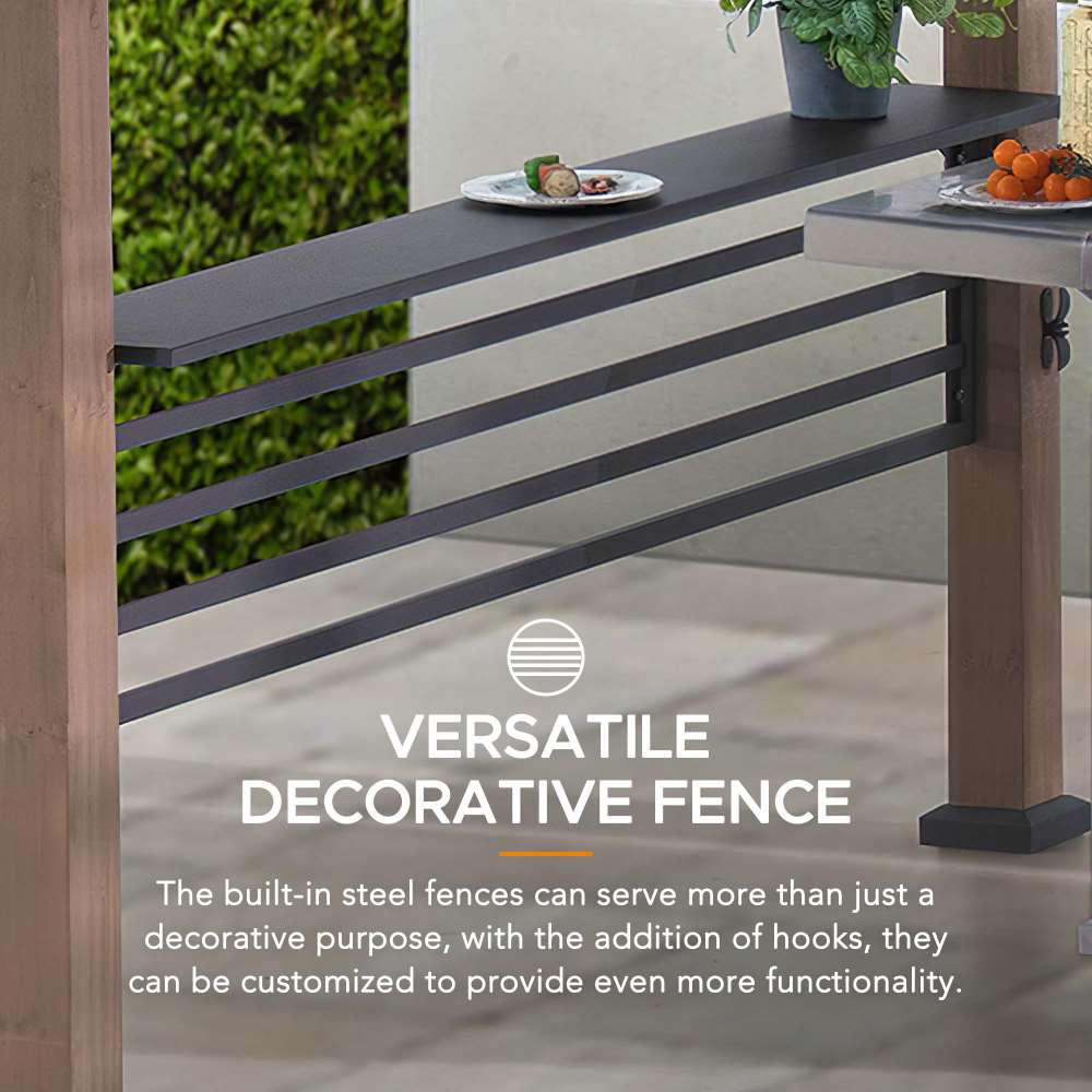 SUNJOY 8x12 Brown Wood Grill Gazebo with Solar Power, Fence and Shelves