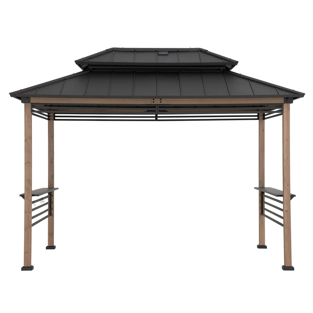 SUNJOY 8x12 Brown Wood Grill Gazebo with Solar Power, Fence and Shelves