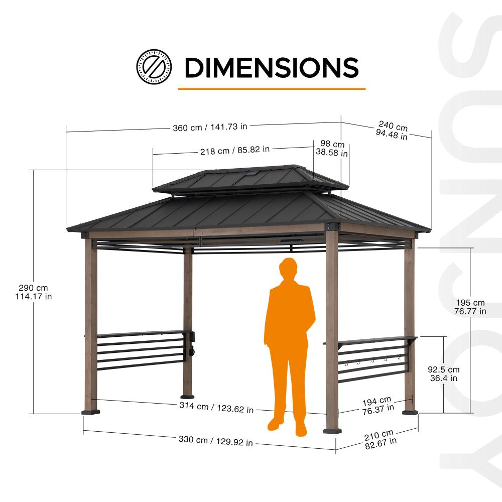 SUNJOY 8x12 Brown Wood Grill Gazebo with Solar Power, Fence and Shelves