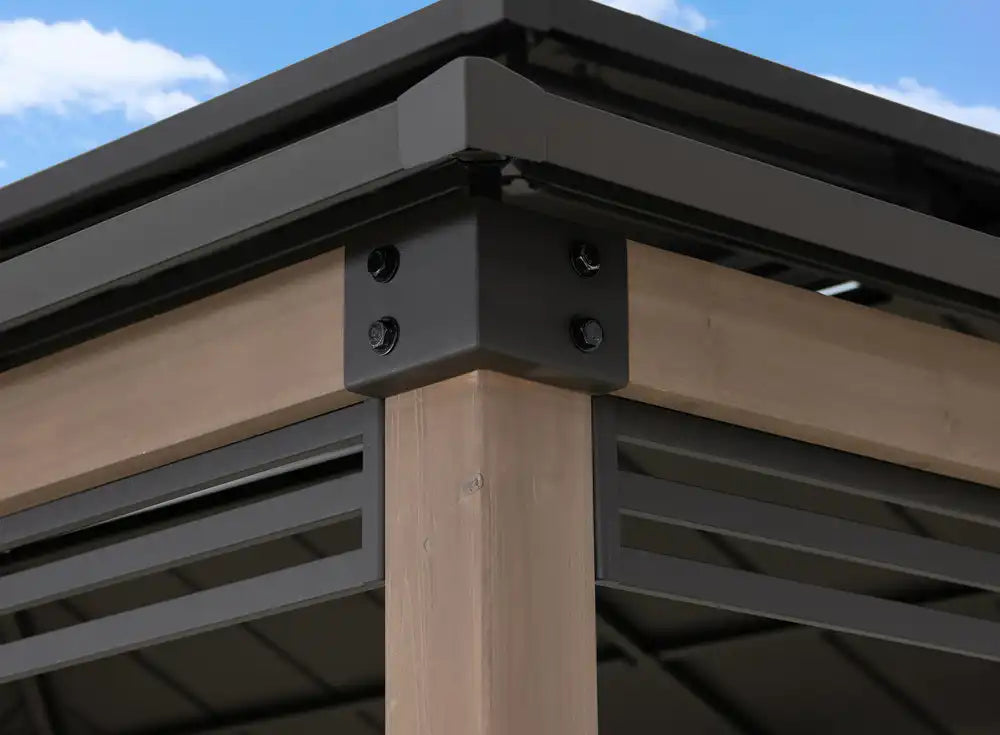 SUNJOY 8x12 Brown Wood Grill Gazebo with Solar Power, Fence and Shelves