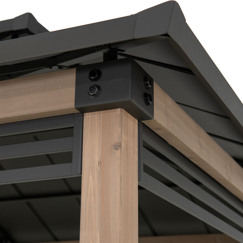 SUNJOY 8x12 Brown Wood Grill Gazebo with Solar Power, Fence and Shelves