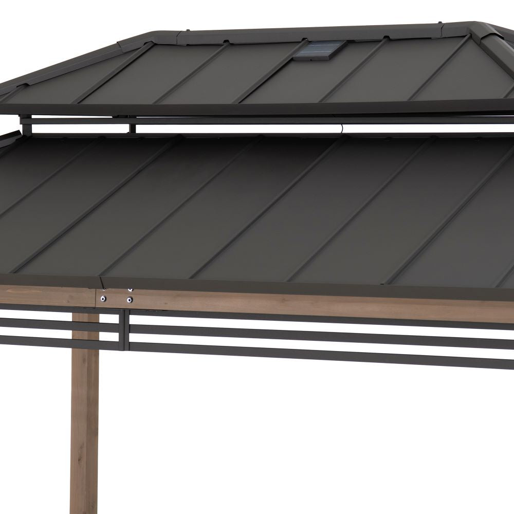 SUNJOY 8x12 Brown Wood Grill Gazebo with Solar Power, Fence and Shelves