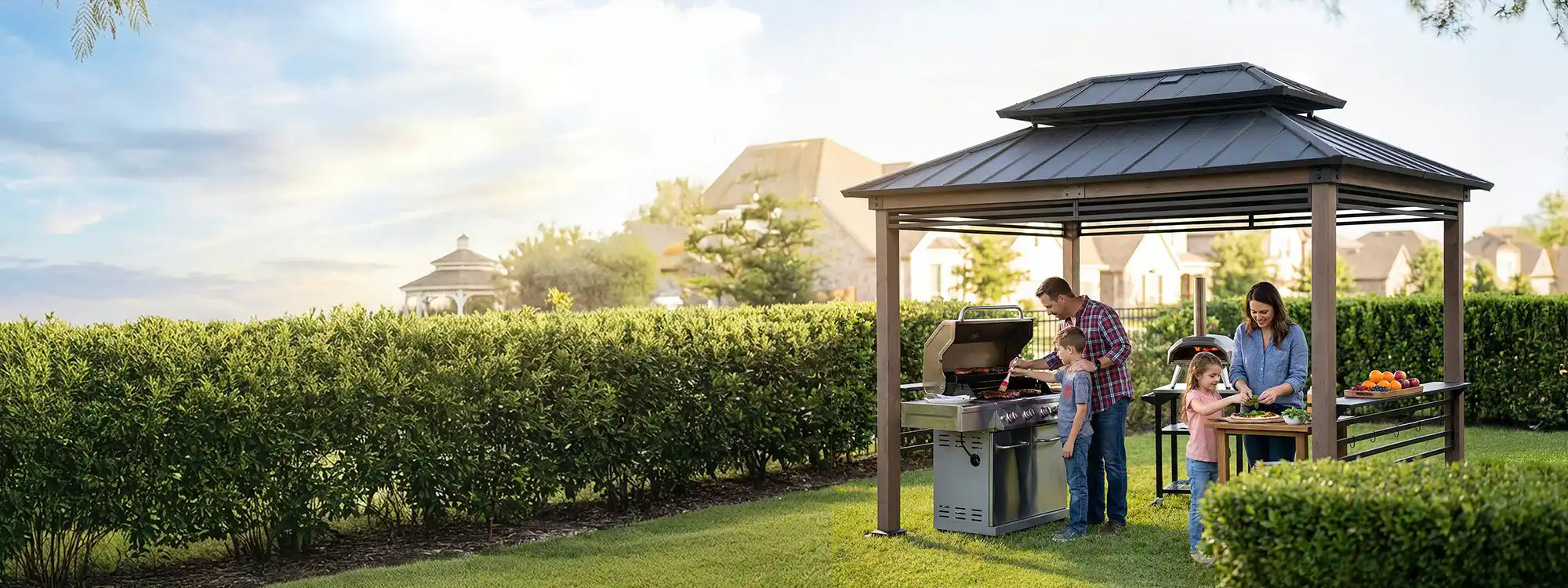 SUNJOY 8x12 Brown Wood Grill Gazebo with Solar Power, Fence and Shelves