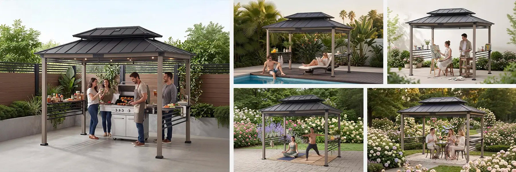 SUNJOY 8x12 Wood Grill Gazebo with Solar Power, Fence and Shelves - Black