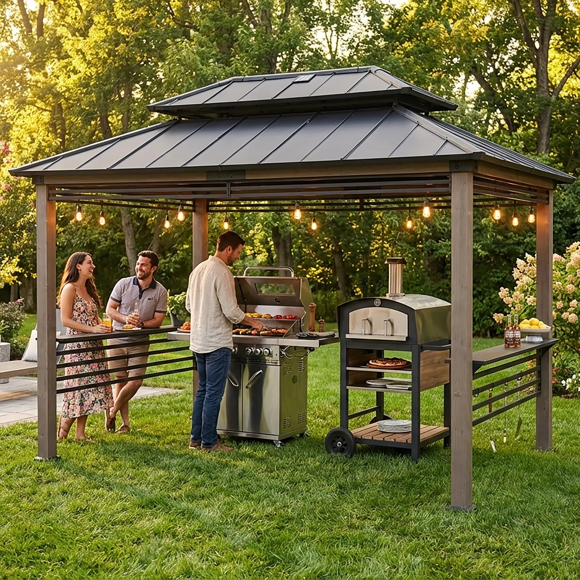 SUNJOY 8x12 Black Wood Grill Gazebo with Solar Power, Fence and Shelves