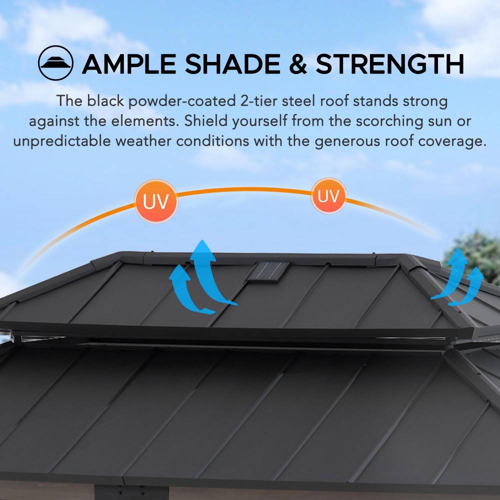 SUNJOY 8x12 Black Wood Grill Gazebo with Solar Power, Fence and Shelves