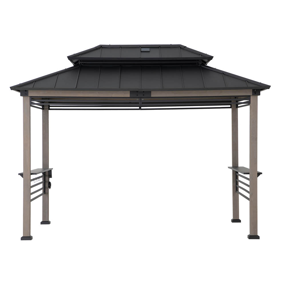 SUNJOY 8x12 Black Wood Grill Gazebo with Solar Power, Fence and Shelves