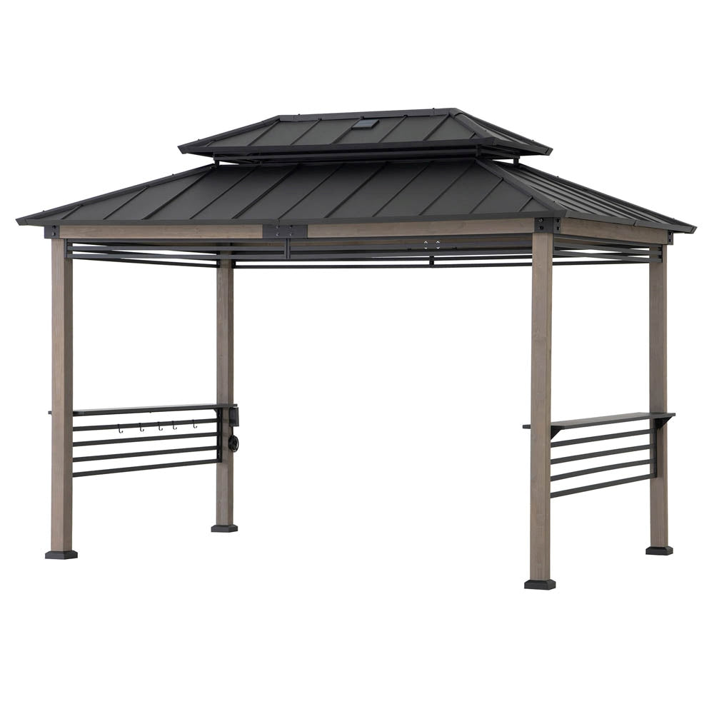 SUNJOY 8x12 Black Wood Grill Gazebo with Solar Power, Fence and Shelves