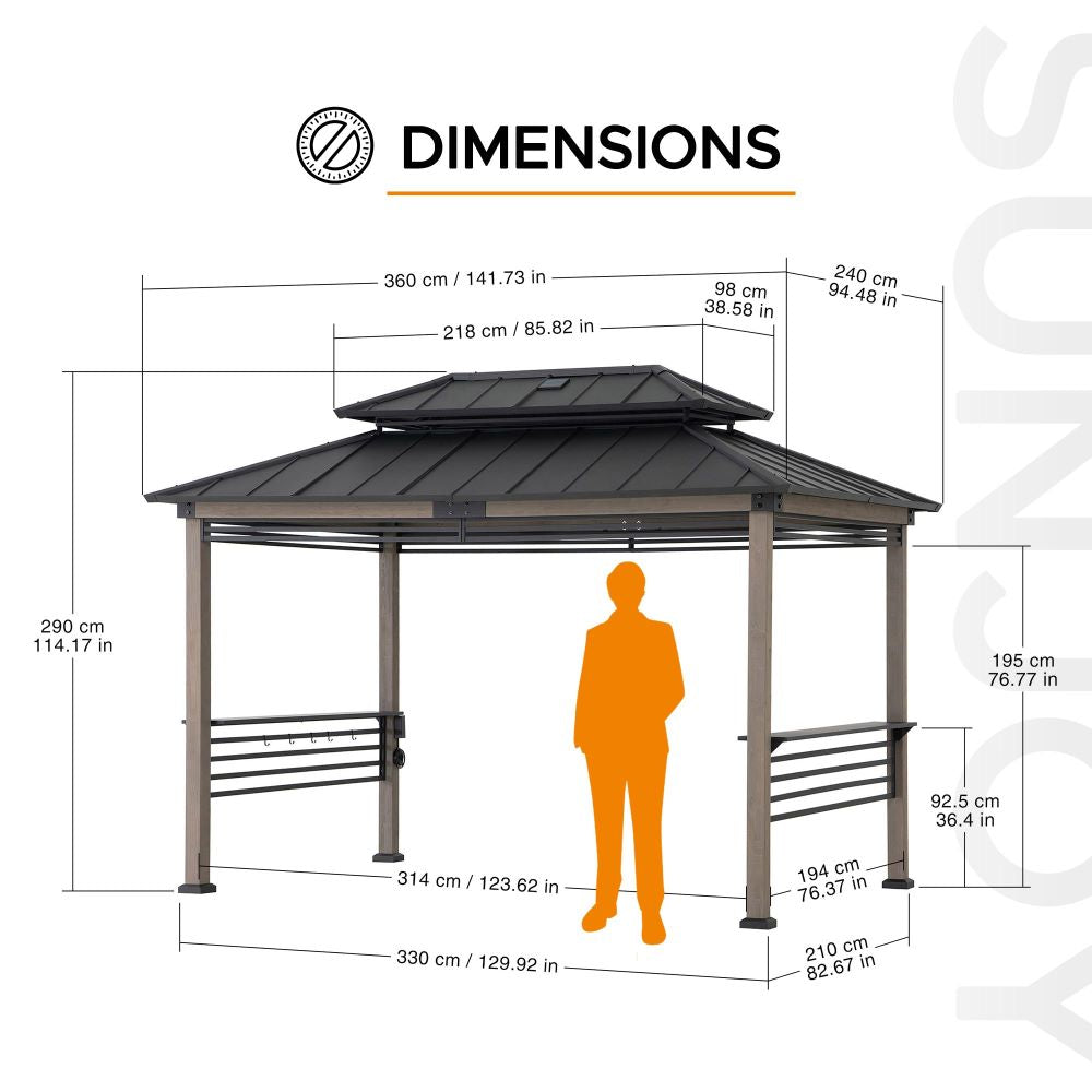 SUNJOY 8x12 Black Wood Grill Gazebo with Solar Power, Fence and Shelves