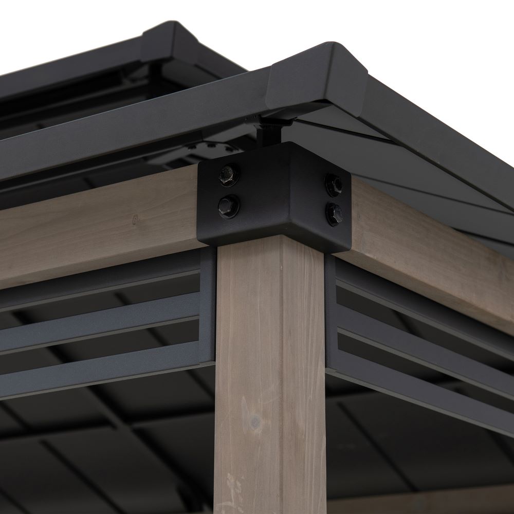 SUNJOY 8x12 Black Wood Grill Gazebo with Solar Power, Fence and Shelves