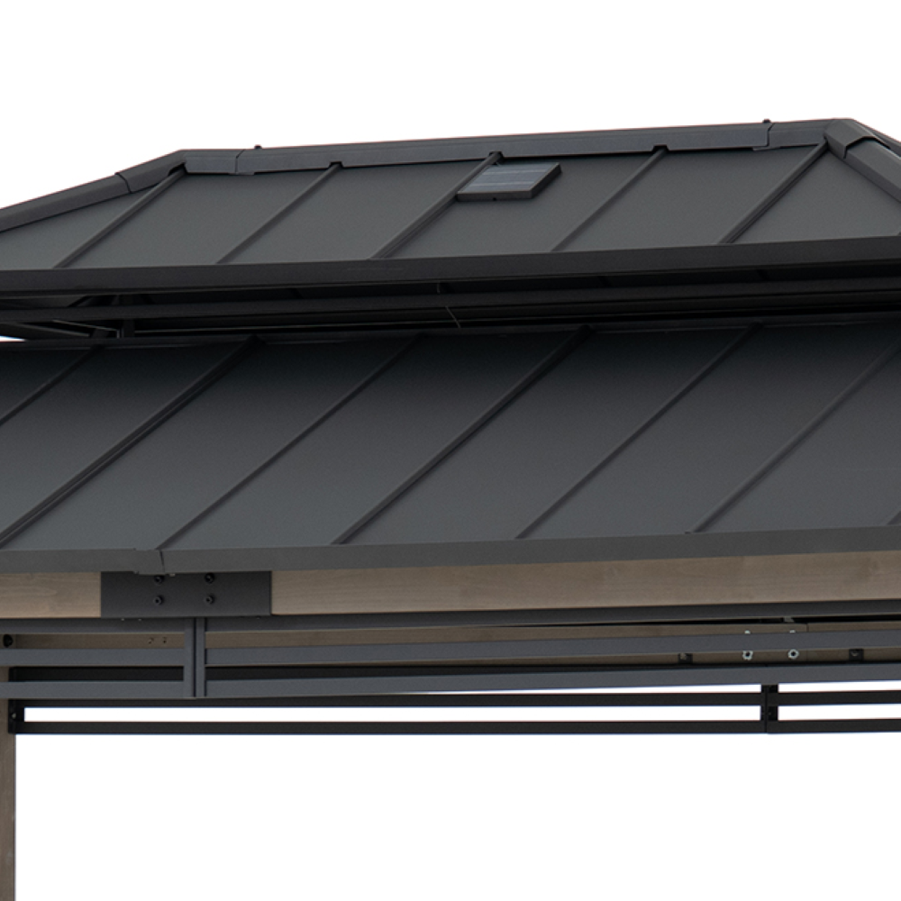 SUNJOY 8x12 Black Wood Grill Gazebo with Solar Power, Fence and Shelves
