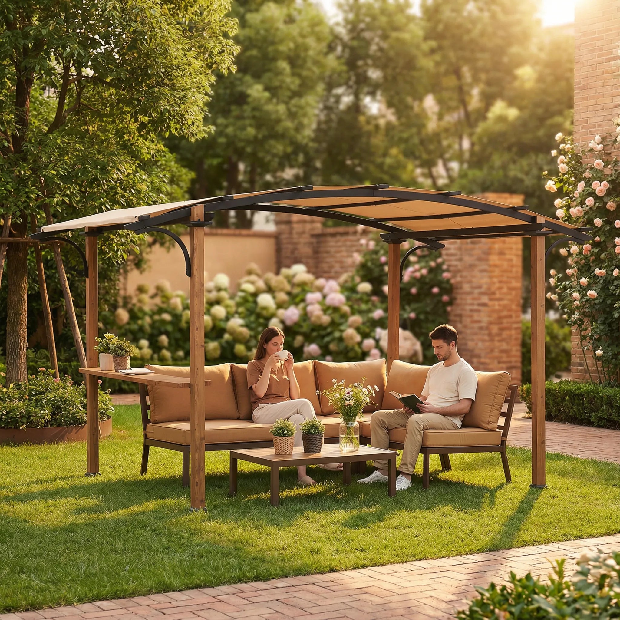 SUNJOY 9x13 Modern Arched Metal Pergola with Tan Heavy-duty Textilene Fabric Canopy and Bar Shelf