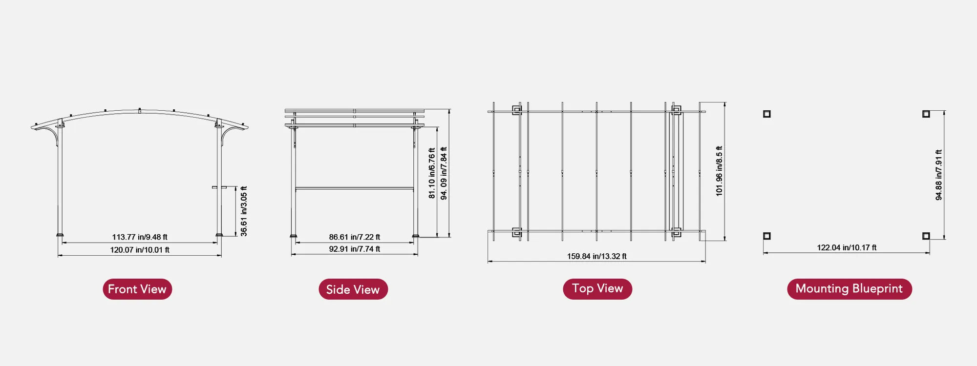 SUNJOY 9x13 Modern Arched Metal Pergola with Tan Heavy-duty Textilene Fabric Canopy and Bar Shelf