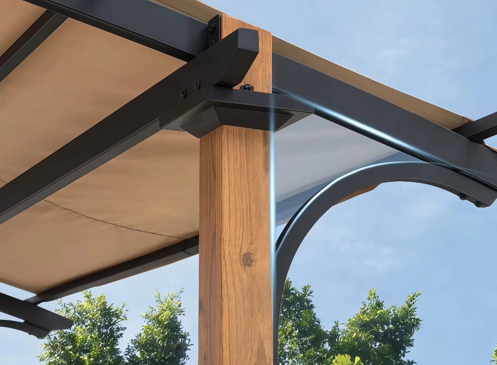 SUNJOY 9x13 Modern Arched Metal Pergola with Tan Heavy-duty Textilene Fabric Canopy and Bar Shelf