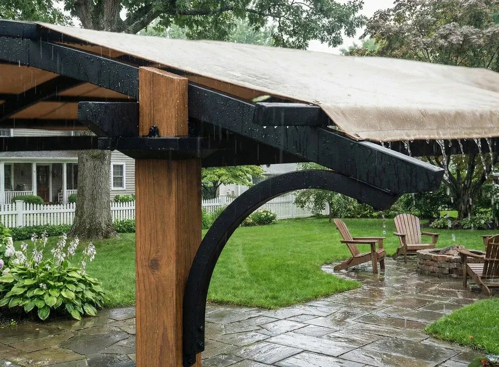 SUNJOY 9x13 Modern Arched Metal Pergola with Tan Heavy-duty Textilene Fabric Canopy and Bar Shelf