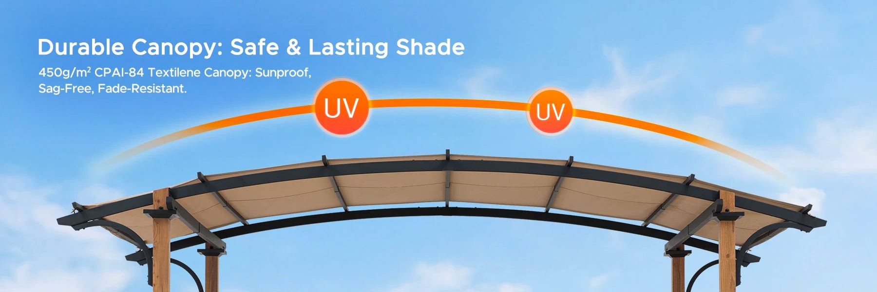 SUNJOY 9x13 Modern Arched Metal Pergola with Tan Heavy-duty Textilene Fabric Canopy and Bar Shelf