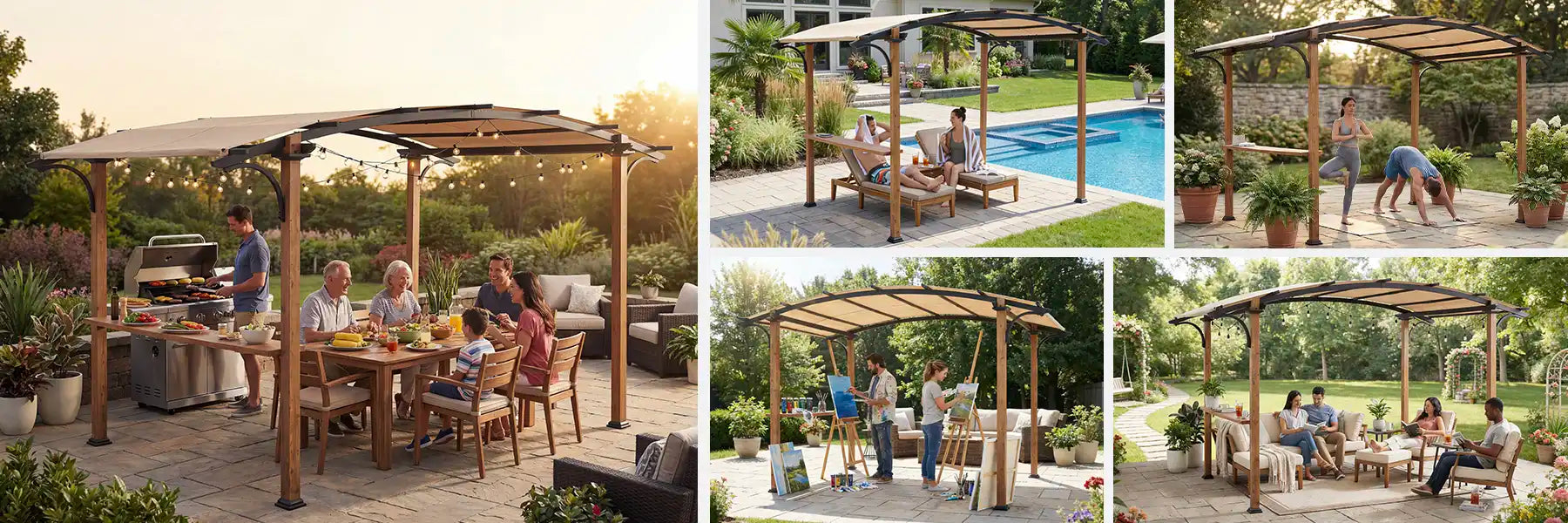 SUNJOY 9x13 Modern Arched Metal Pergola with Tan Heavy-duty Textilene Fabric Canopy and Bar Shelf