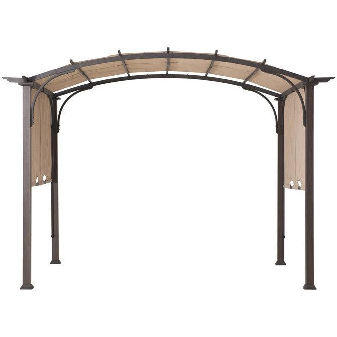 SUNJOY Patio Pergola with Sliding Canopy and Woodgrain Metal Frame.