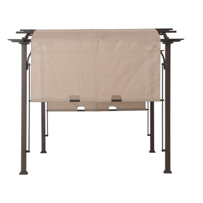 SUNJOY Patio Pergola with Sliding Canopy and Woodgrain Metal Frame.