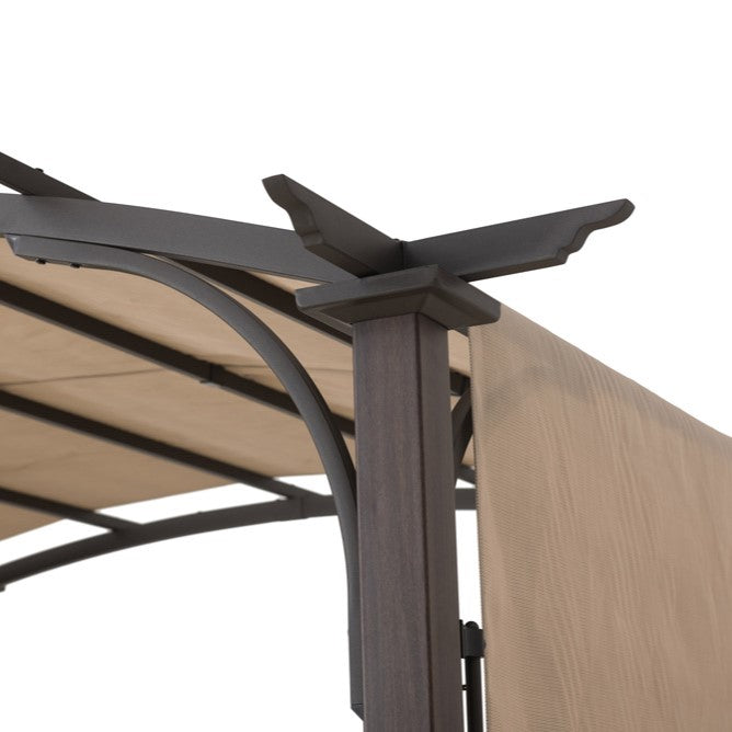 SUNJOY Patio Pergola with Sliding Canopy and Woodgrain Metal Frame.