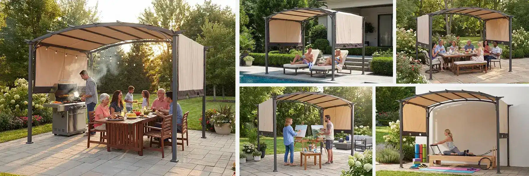 SUNJOY 9x11 Metal Arched Pergola Kits with Adjustable Canopy Roof