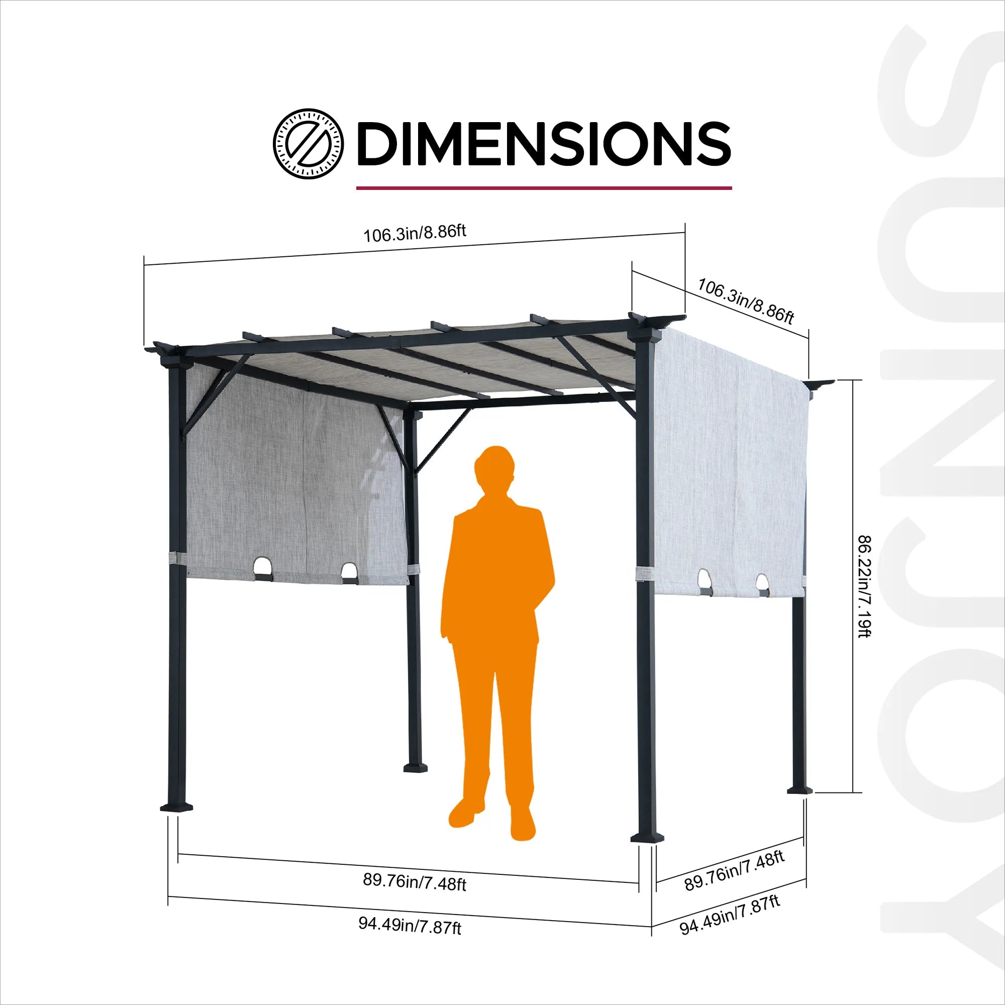 SUNJOY 9x9 Matte Black Steel Frame Pergola with Adjustable Canopy Roof - Light Gray