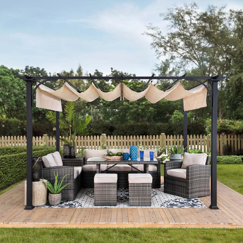 SUNJOY 9x12 Steel Retractable Pergola with Beige Roof for Backyard.
