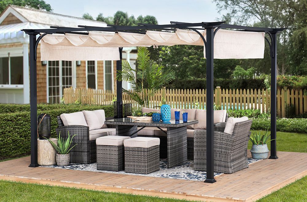 SUNJOY 9x12 Steel Retractable Pergola with Beige Roof for Backyard