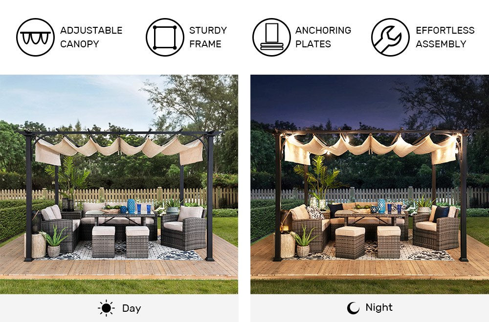 SUNJOY 9x12 Steel Retractable Pergola with Beige Roof for Backyard