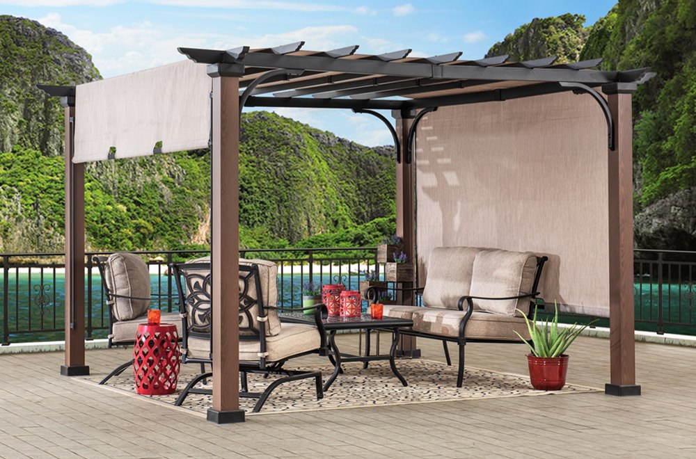 SUNJOY 11x11 Metal Pergola with Sliding Canopy & Wood-Look Finish