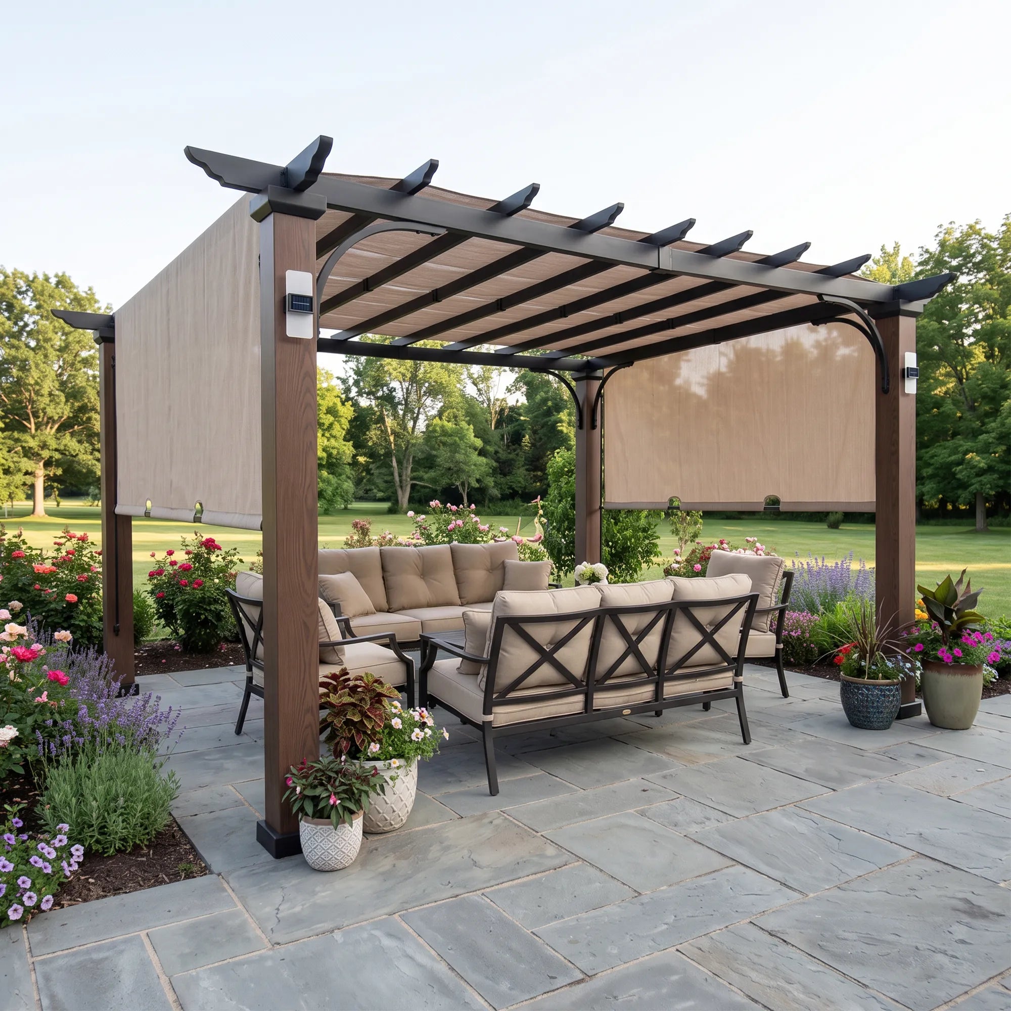 Linear Solar Hybrid Pergola - Natural Woodgrain, 11x11