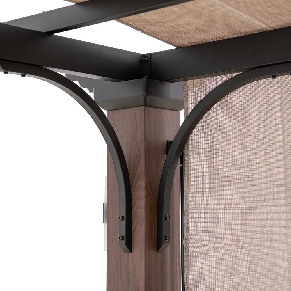 SUNJOY 11x11 Wood-Look Finish Metal Pergola with Sliding Canopy & Solar Lights