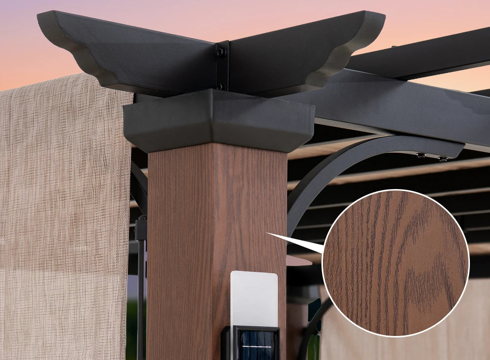 SUNJOY 11x11 Wood-Look Finish Metal Pergola with Sliding Canopy & Solar Lights