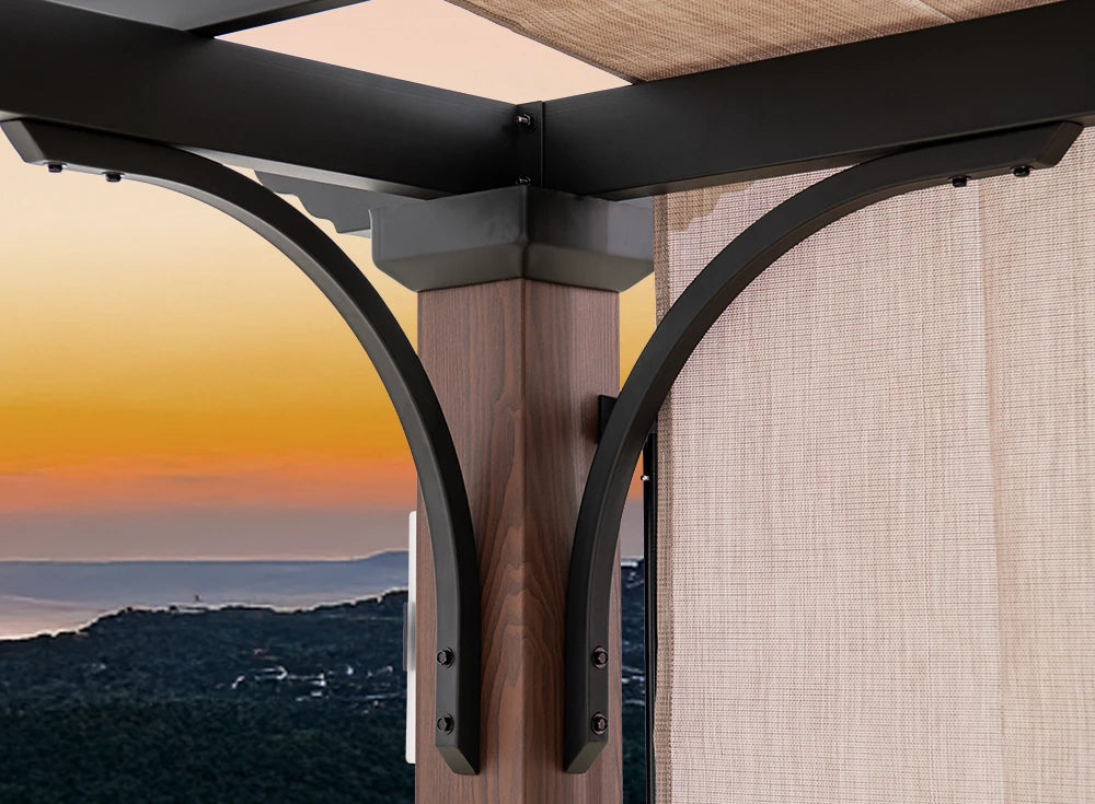 SUNJOY 11x11 Wood-Look Finish Metal Pergola with Sliding Canopy & Solar Lights