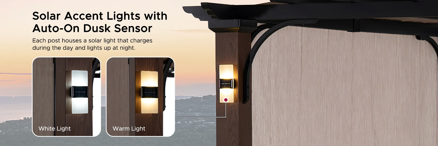 SUNJOY 11x11 Wood-Look Finish Metal Pergola with Sliding Canopy & Solar Lights