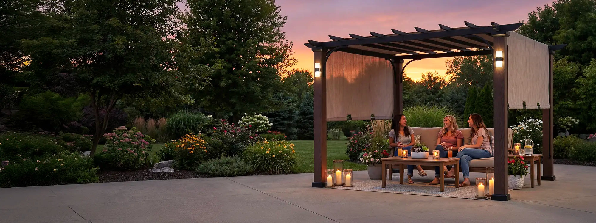 SUNJOY 11x11 Wood-Look Finish Metal Pergola with Sliding Canopy & Solar Lights