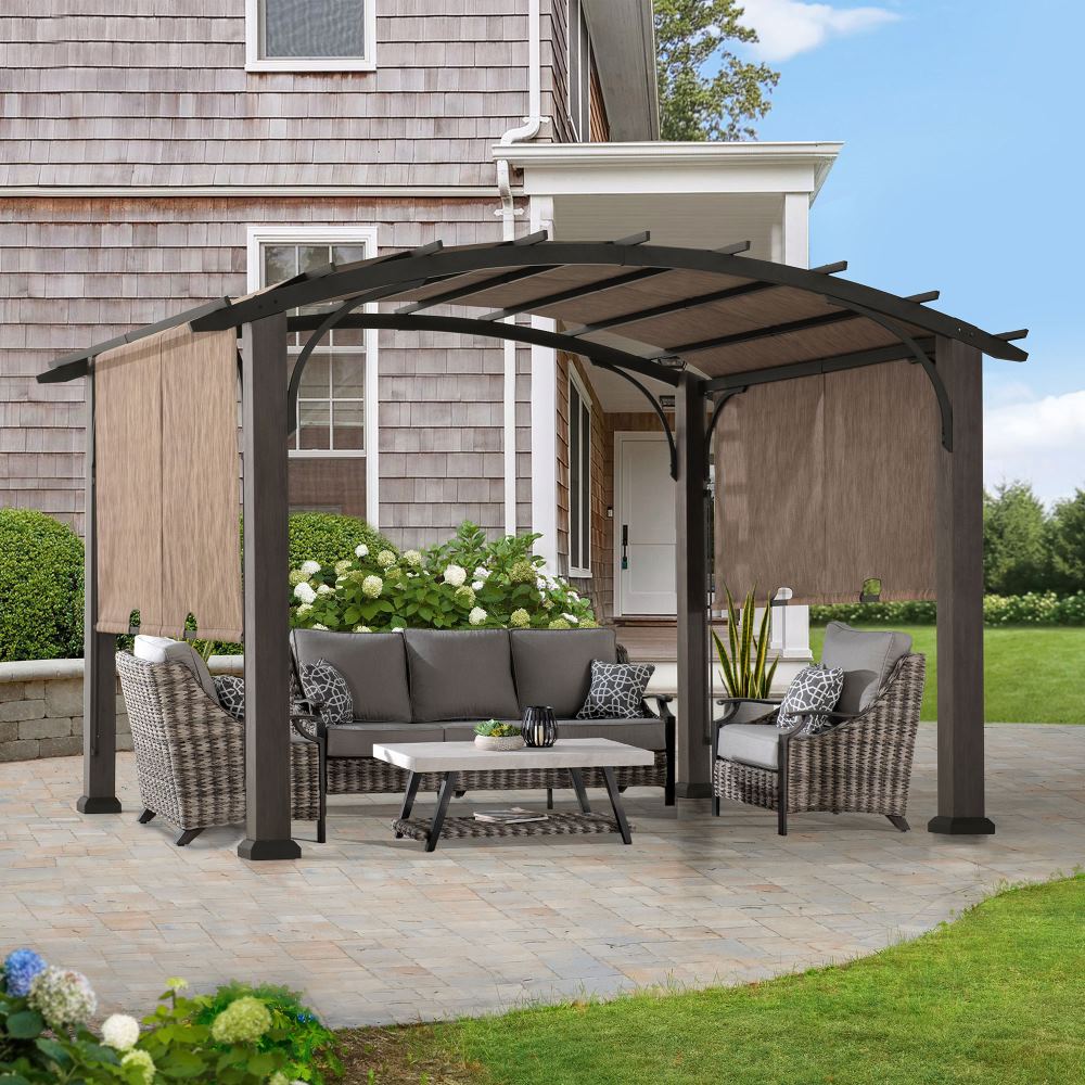 SUNJOY 10x12 Metal Pergola with Retractable Canopy and Curved Roof.